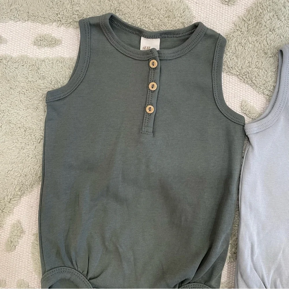 Bundle of Two H&M Baby Exclusive Organic Henley Tank Onesies in Green + Blue